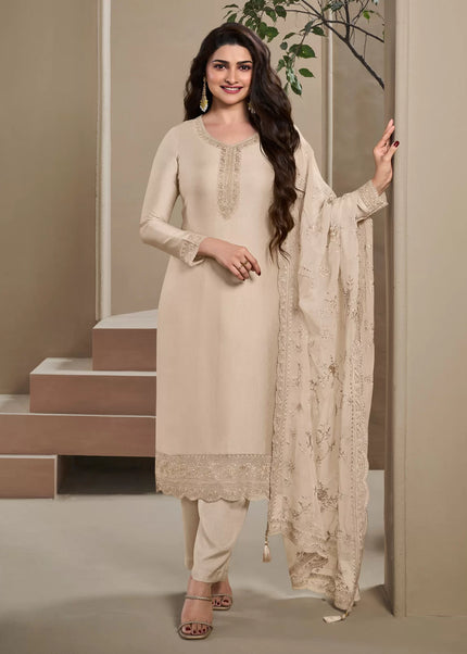 Cream Embroidered Pant Style Suit