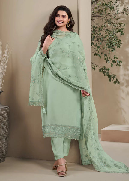 Sea Green Embroidered Pant Style Suit