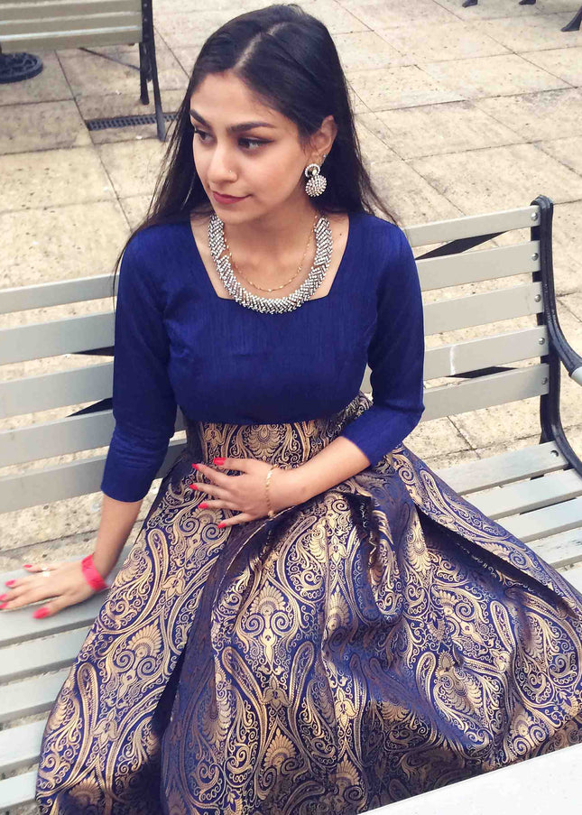 Navy Blue Pure Brocade Lehenga Set