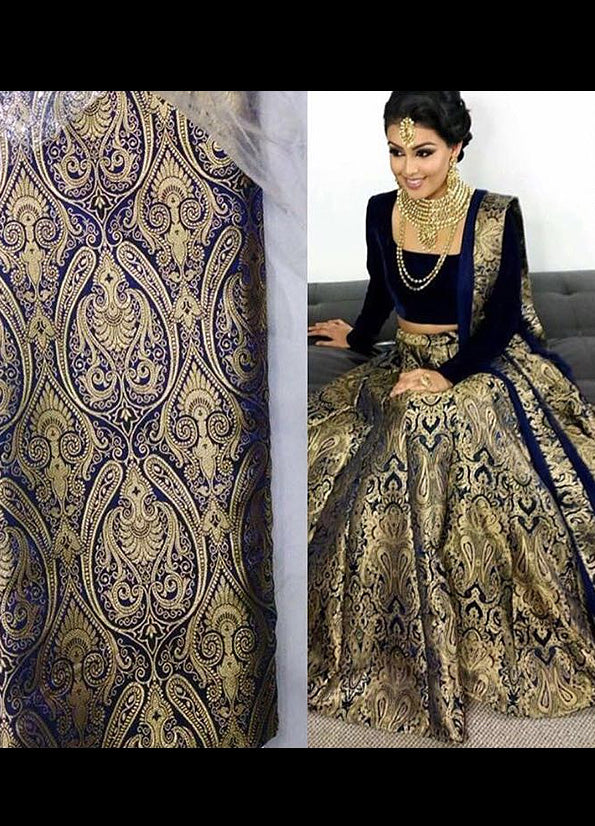 Navy Blue Pure Brocade Lehenga Set