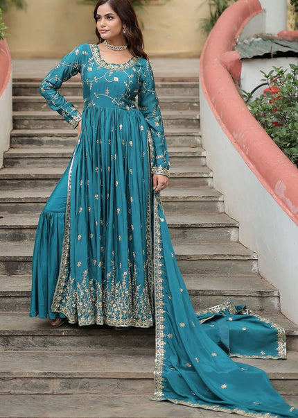 Turquoise Embroidered Gharara Suit