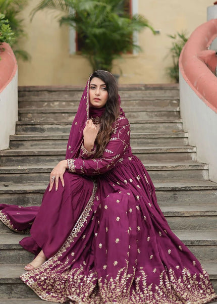 Wine Embroidered Sharara Suit