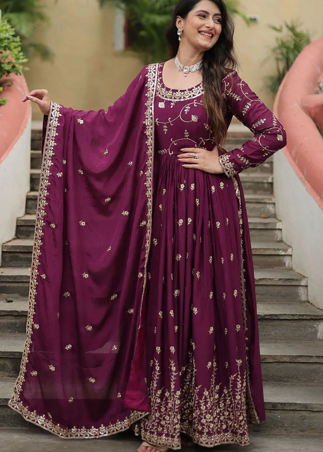 Wine Embroidered Sharara Suit