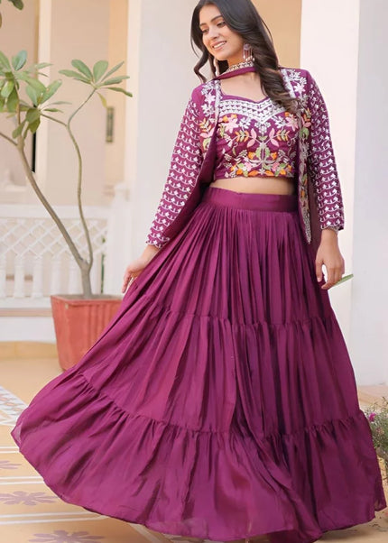 Wine Embroidered Jacket style Lehenga Choli