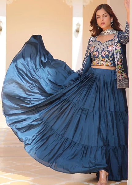 Blue Embroidered Jacket style Lehenga Choli