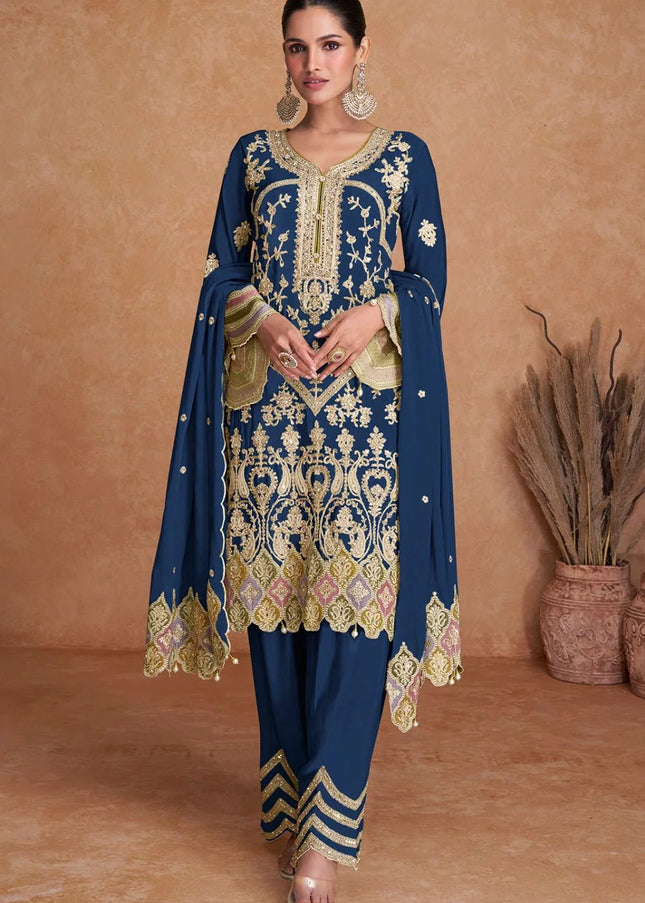 Blue Embroidered Salwar Style Pant Suit