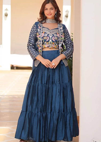 Blue Embroidered Jacket style Lehenga Choli