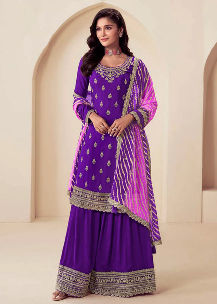 Purple Embroidered Sharara Suit