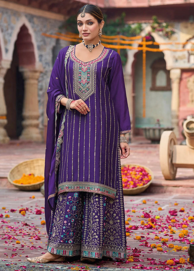Purple Embroidered Sharara Suit