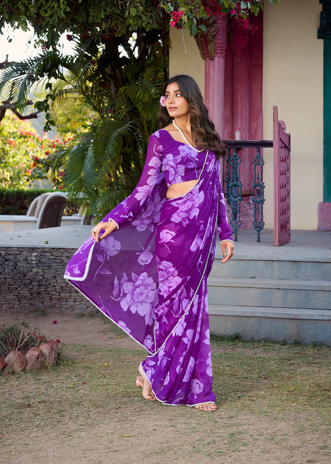 Purple Floral Printed and Embroidered Saree