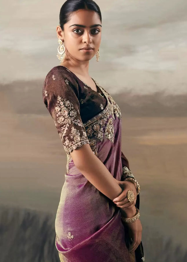 Purple and Green Embroidered Festive Saree