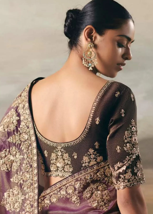 Purple and Green Embroidered Festive Saree