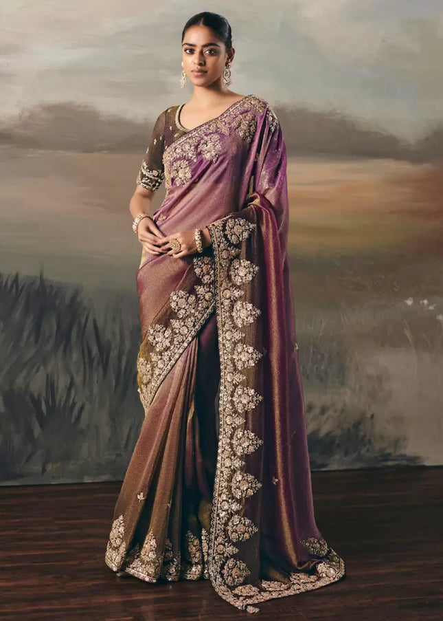 Purple and Green Embroidered Festive Saree