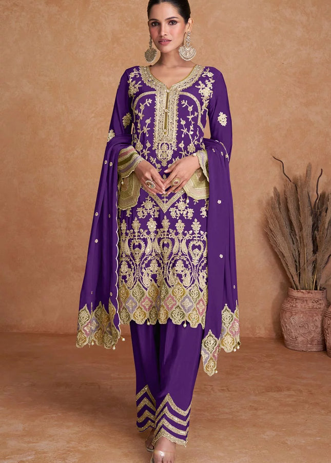 Violet Embroidered Salwar Style Pant Suit