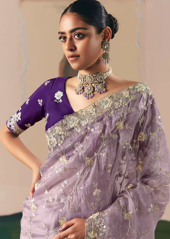 Purple and Lavender Embroidered Festive Saree