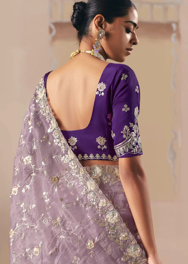 Purple and Lavender Embroidered Festive Saree