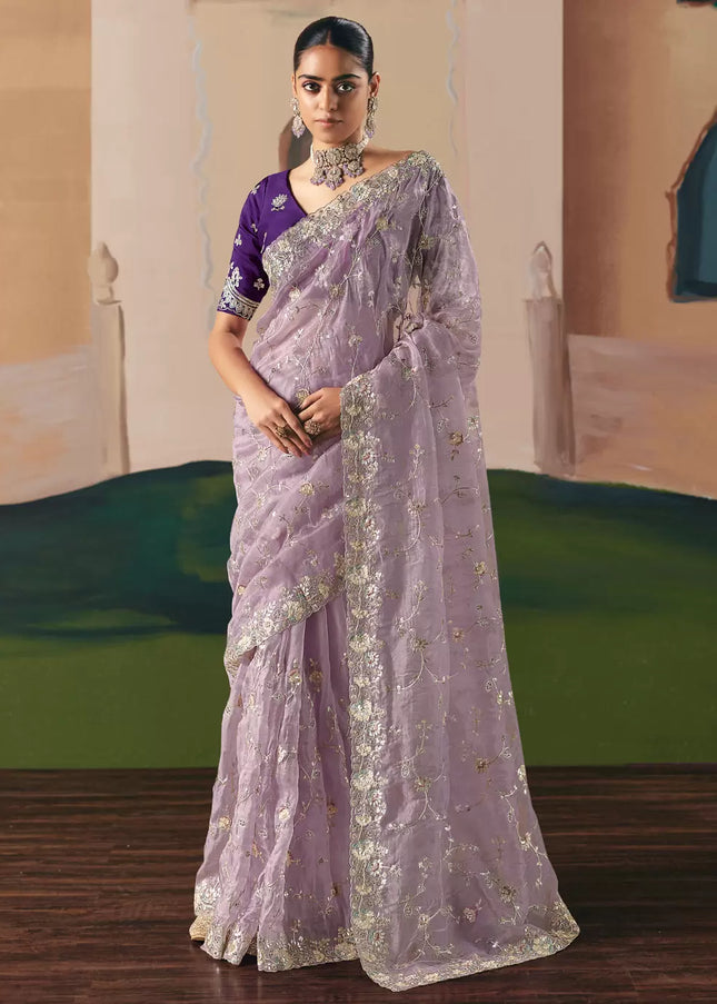 Purple and Lavender Embroidered Festive Saree