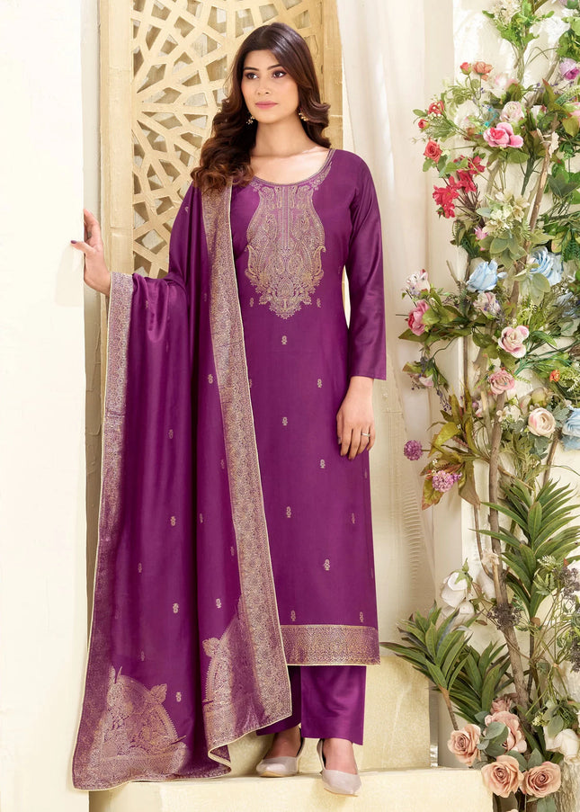 Purple Embroidered Pant Suit