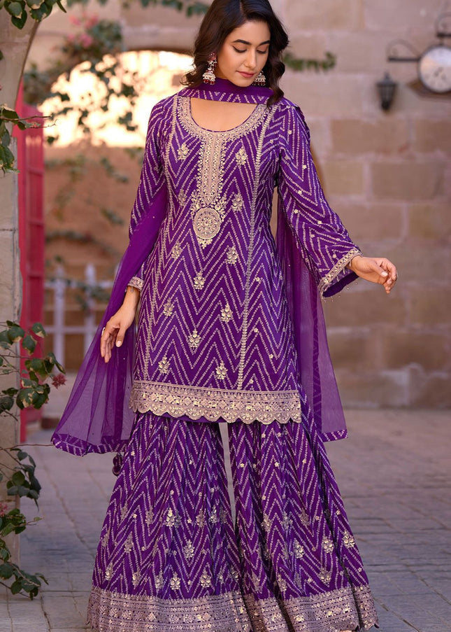 Purple Embroidered Sharara Suit
