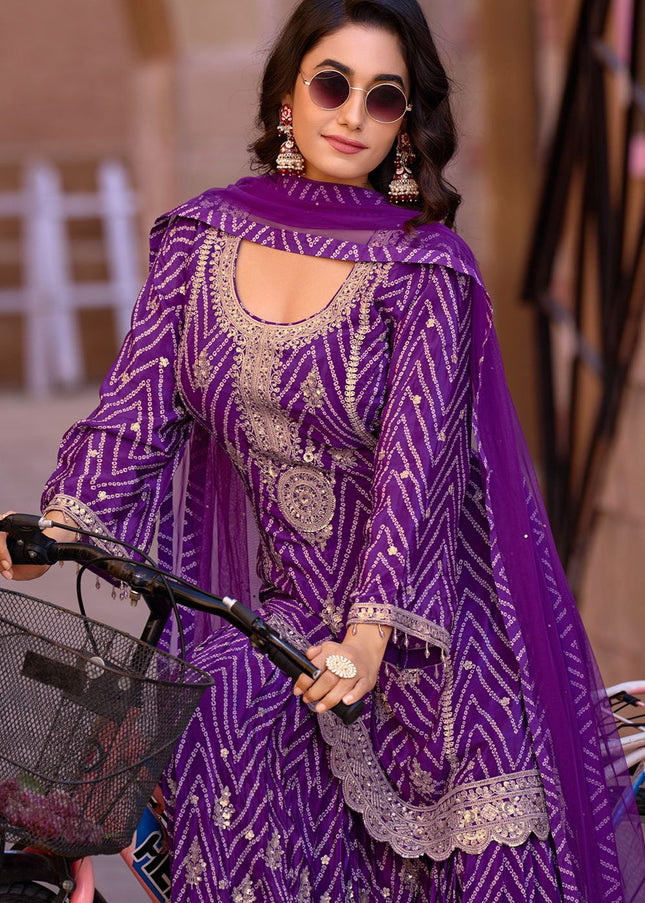 Purple Embroidered Sharara Suit