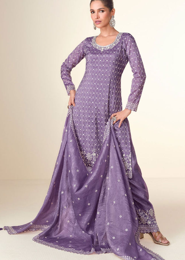 Purple Embroidered Sharara Suit