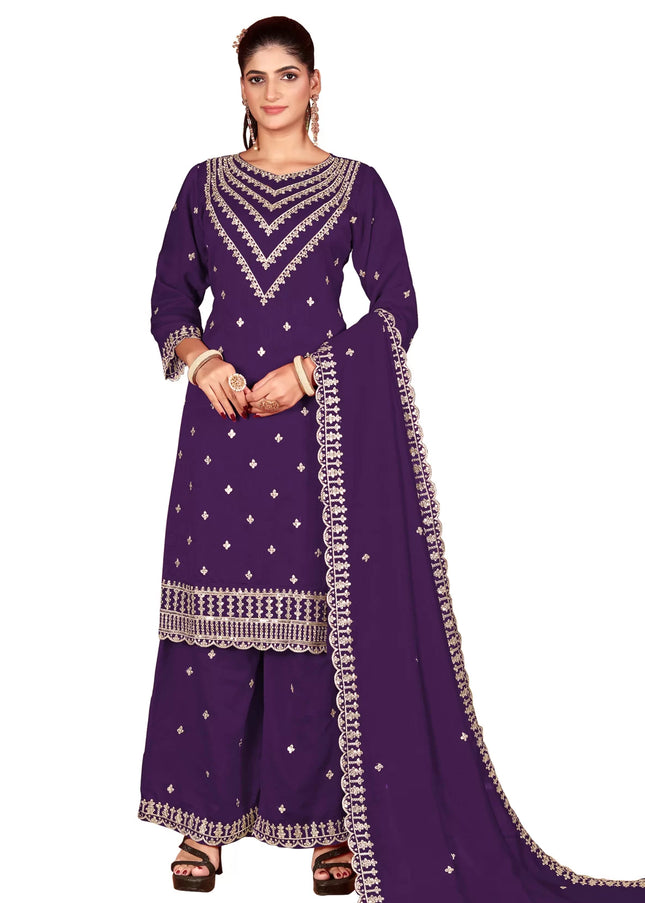 Purple Embroidered Palazzo Suit