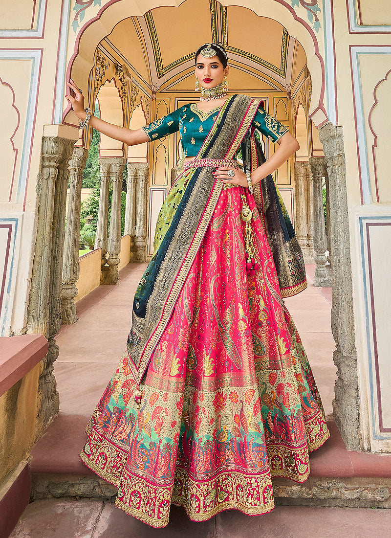 Teal Green and Pink Lehenga in Banarasi Silk with Paisley Motifs -...