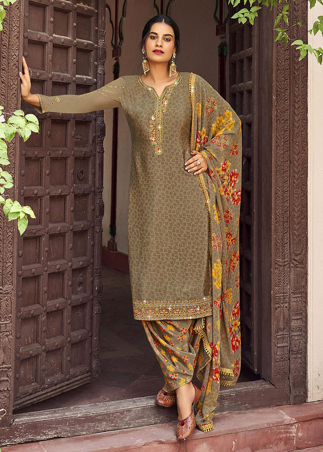 Grey and Gold Embroidered Punjabi Suit