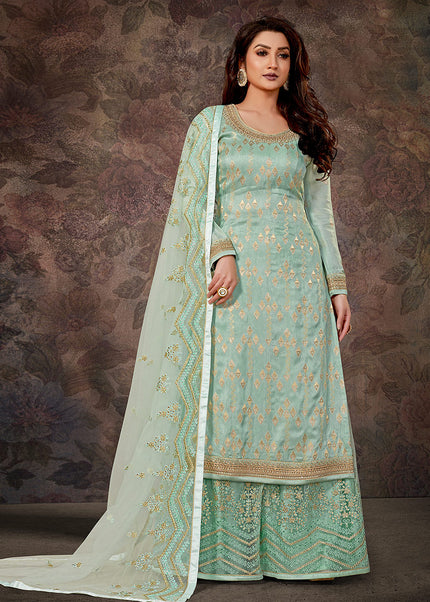 Aqua and Gold Embroidered Palazzo Suit