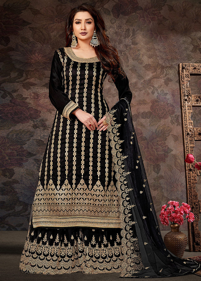 Black and Gold Embroidered Palazzo Suit