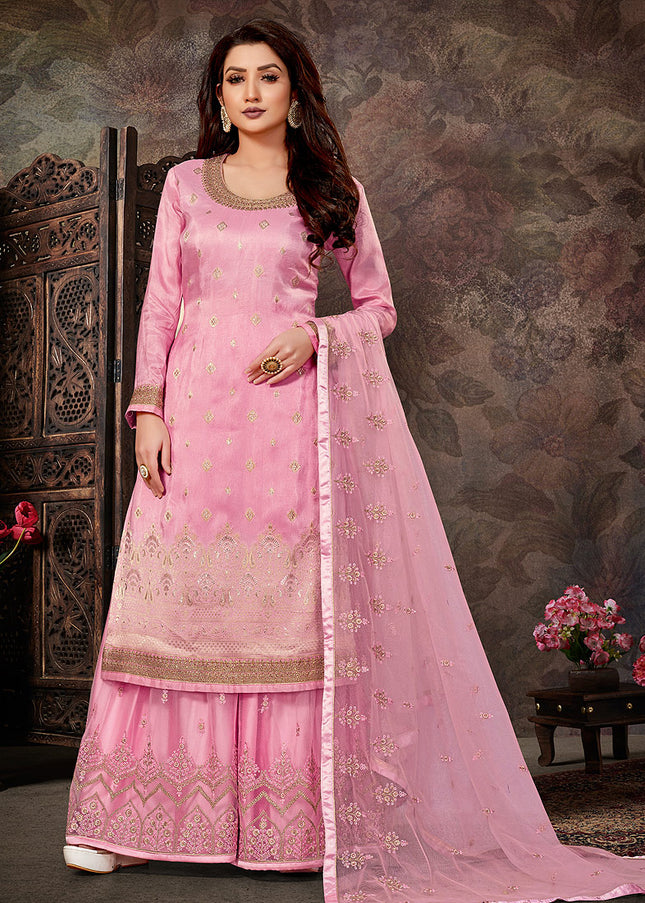 Pink and Gold Embroidered Palazzo Suit