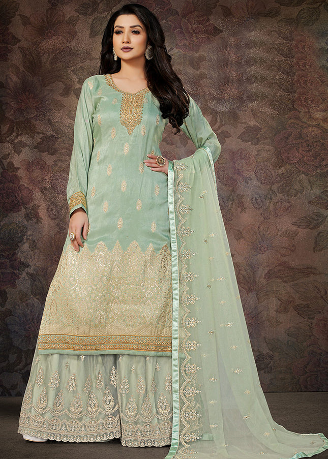 Aqua and Gold Embroidered Palazzo Suit