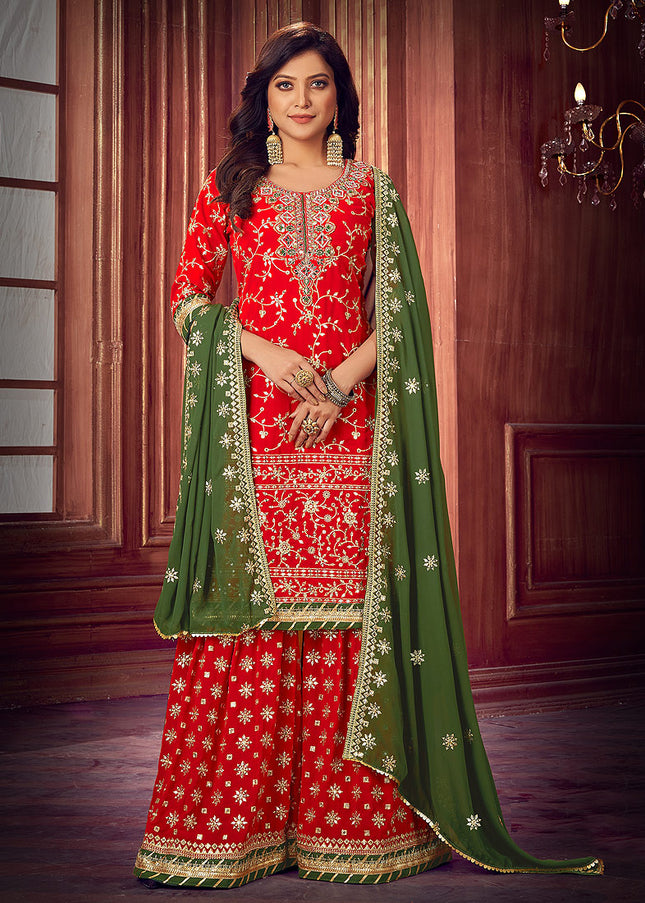 Red and Green  Embroidered Palazzo Suit