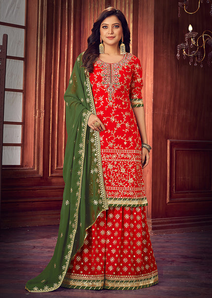 Red and Green  Embroidered Palazzo Suit