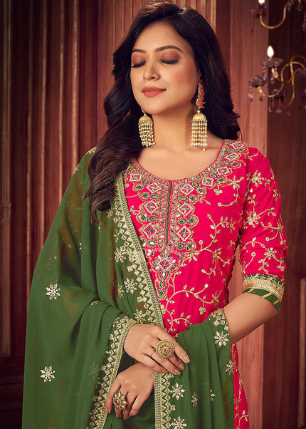 Pink and Green Embroidered Palazzo Suit