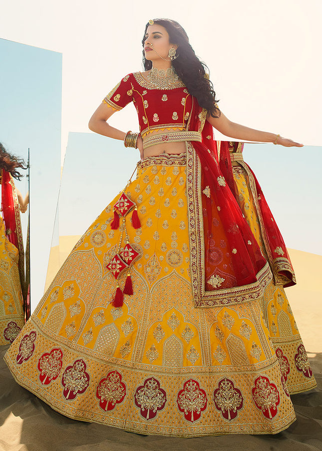 Yellow and Red Heavy Embroidered Lehenga