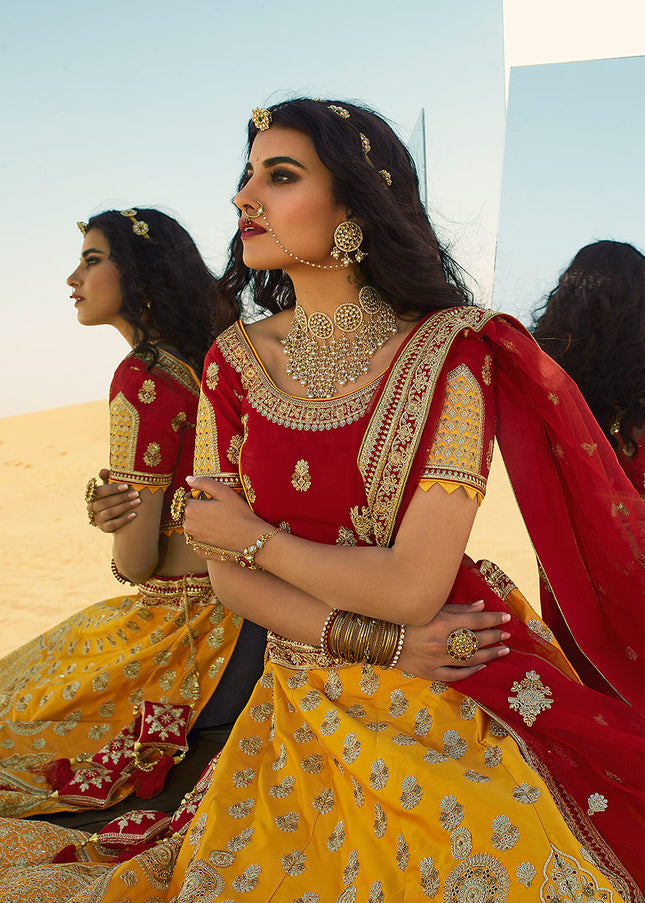 Yellow and Red Heavy Embroidered Lehenga