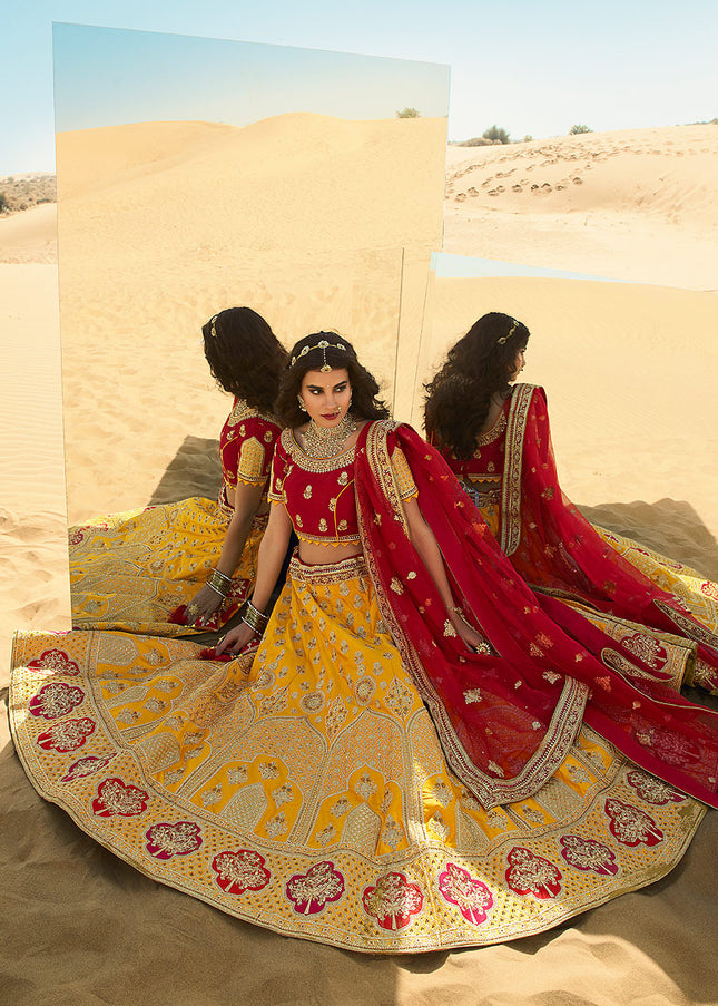 Yellow and Red Heavy Embroidered Lehenga