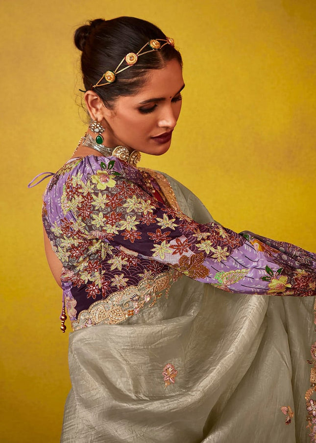 Grey and Purple Embroidered Festive Saree