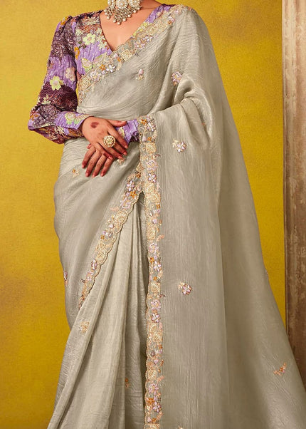 Grey and Purple Embroidered Festive Saree