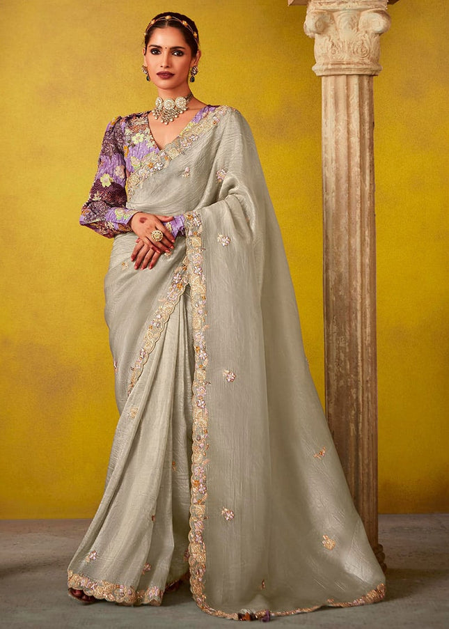 Grey and Purple Embroidered Festive Saree