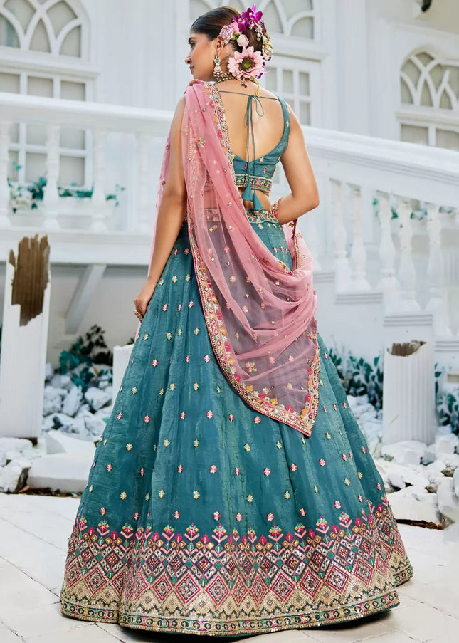 Teal and Pink Embroidered Lehenga Choli