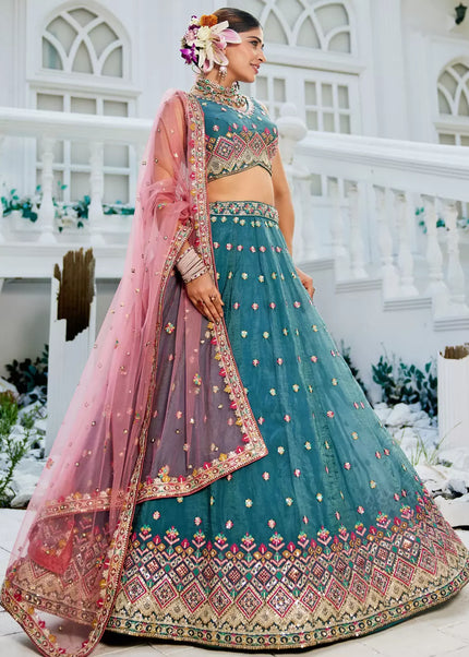 Teal and Pink Embroidered Lehenga Choli