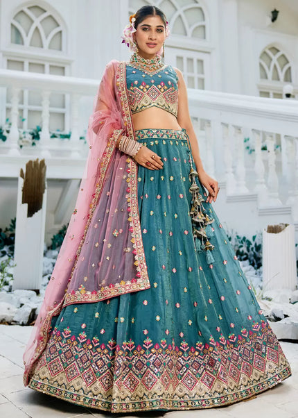 Teal and Pink Embroidered Lehenga Choli
