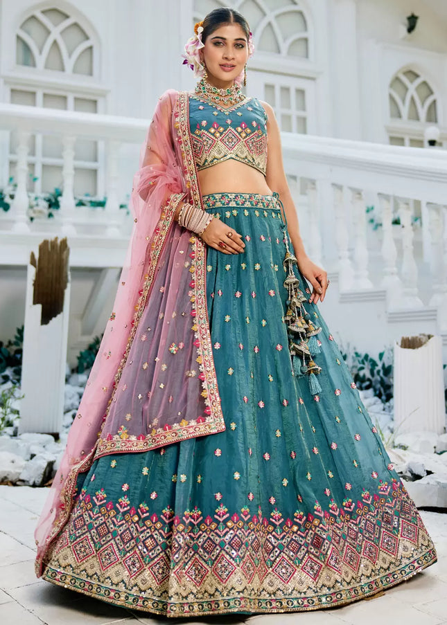 Teal and Pink Embroidered Lehenga Choli