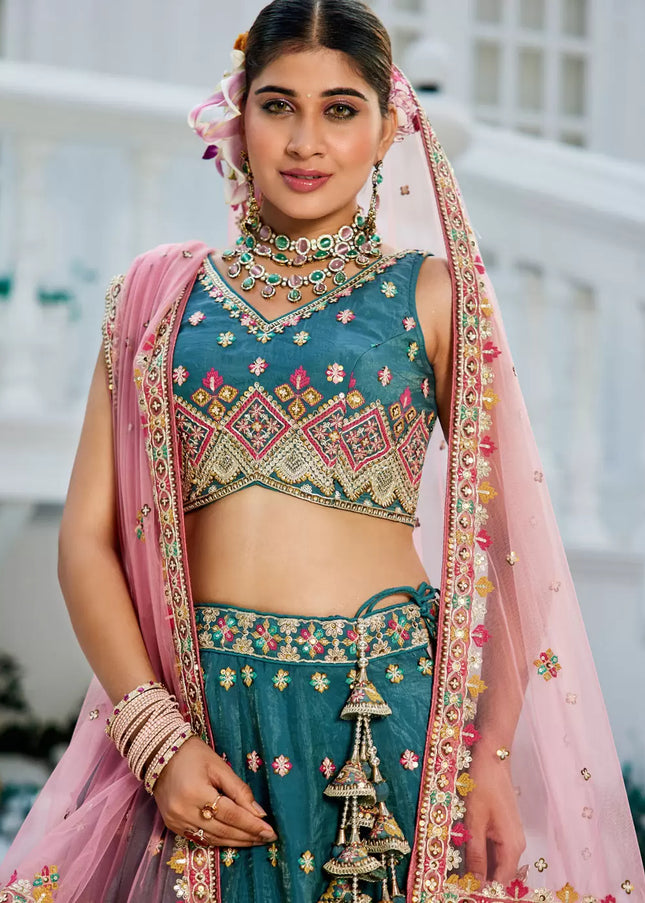 Teal and Pink Embroidered Lehenga Choli
