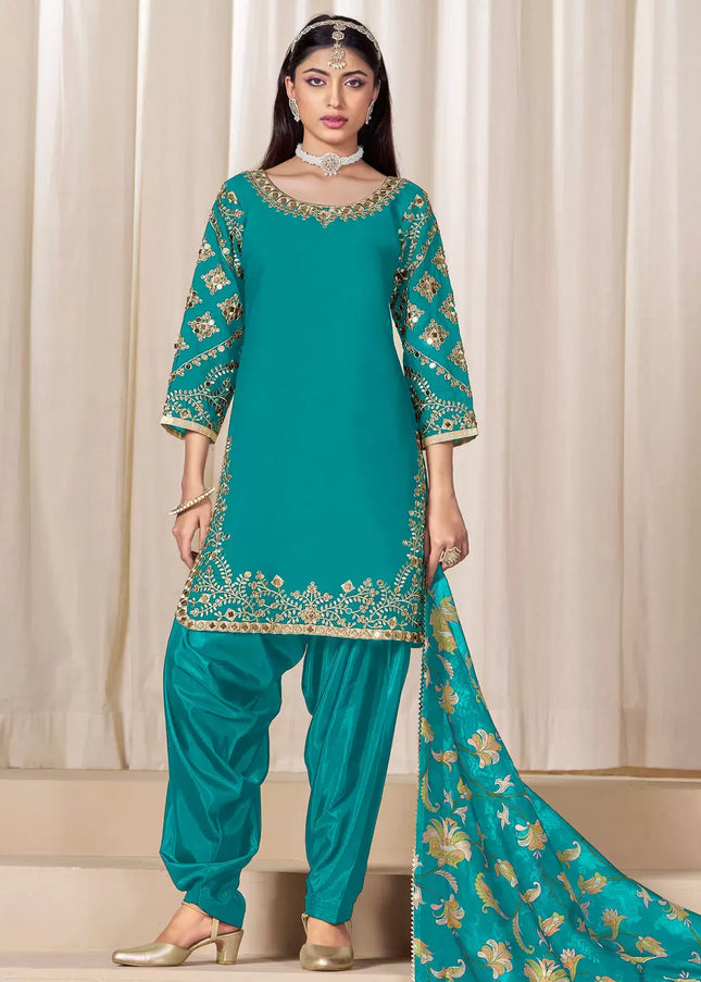 Teal Embroidered Punjabi Suit