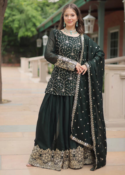 Dark Green Embroidered Sharara Suit