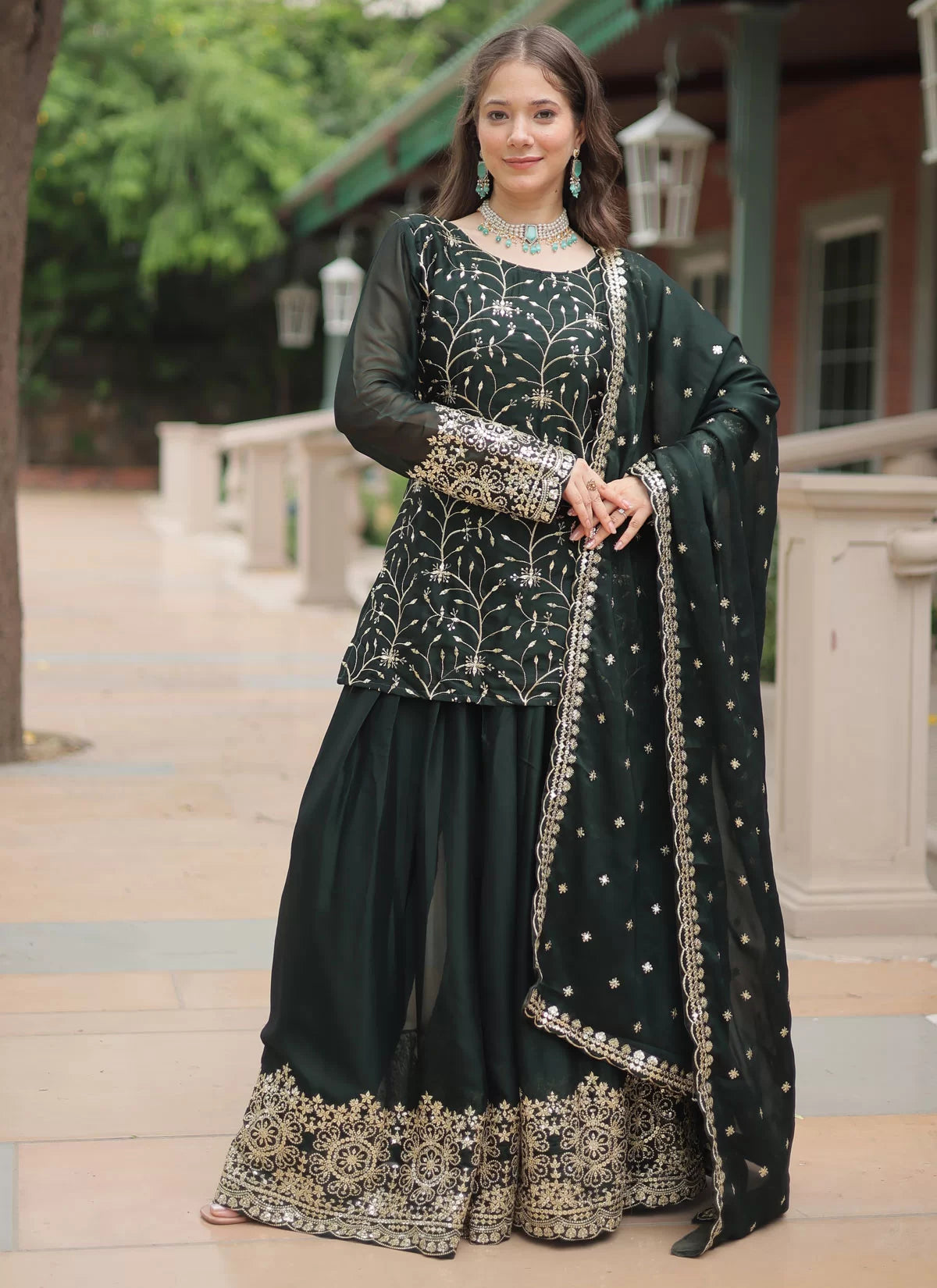 Dark Green Embroidered Sharara Suit FALAKENOOR Dark Green Embroidered Sharara Suit FALAKENOOR