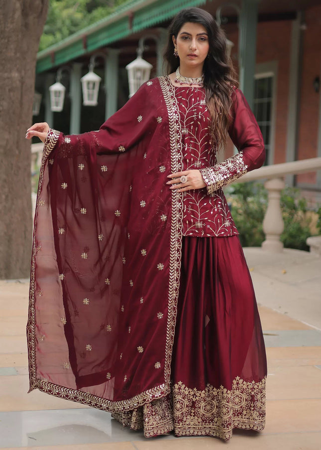 Maroon Embroidered Sharara Suit